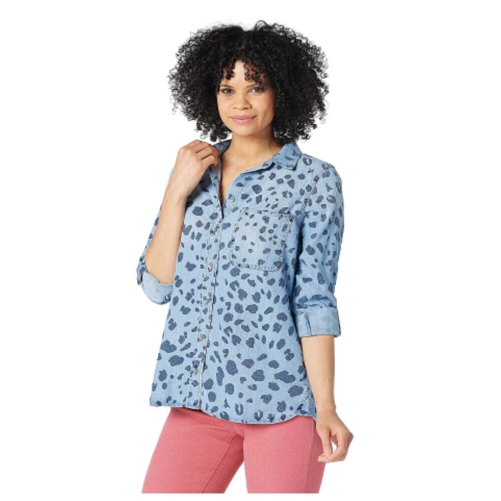 Side Stitch Button-Down Shirt Animal Print‎ Painted Polka Dot Blue Women's XS